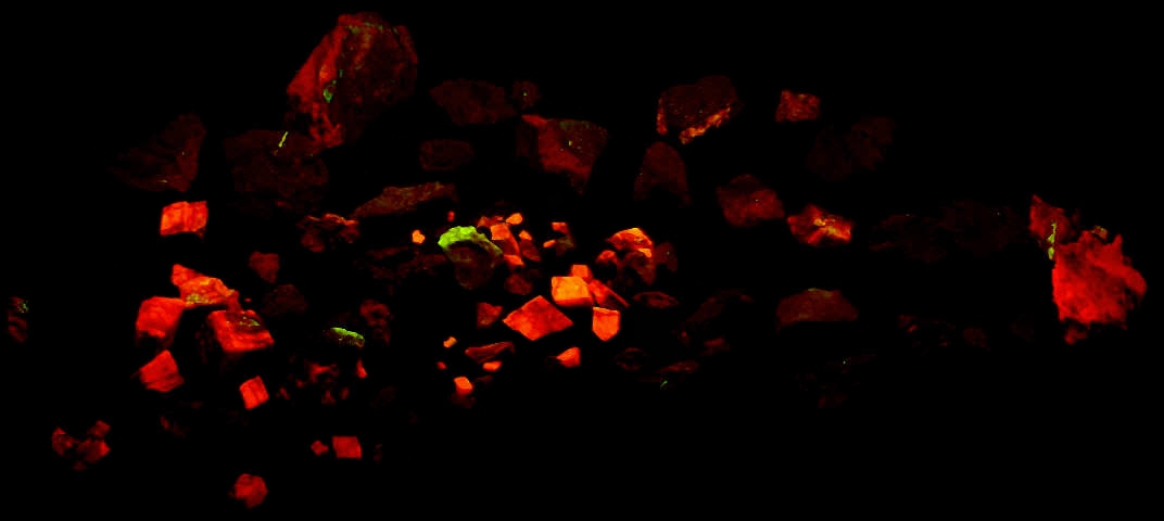 Specimens collected at the Graphite Road Cut showing fluorescent calcite and feldspar under shortwave and midrange ultraviolet light