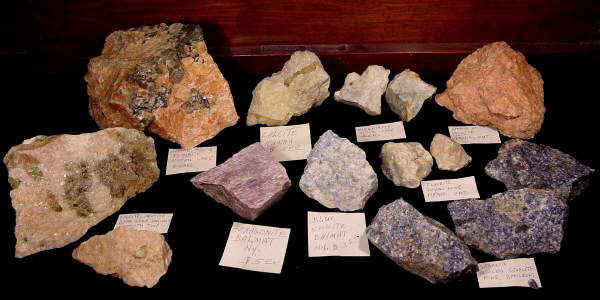 Some minerals purchased at the Princess Sodalite Mine and at the gift shop of the Eisenhower Lock