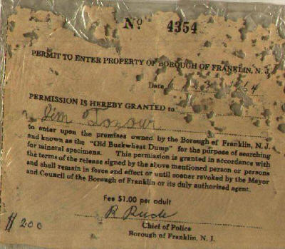 Permit for my first visit to Buckwheat Dump, Franklin, NJ, 1964