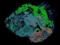 Caliche, hyalite opal, scheelite - Princess Pat Mine, San Bernardino City, California (shortwave UV)