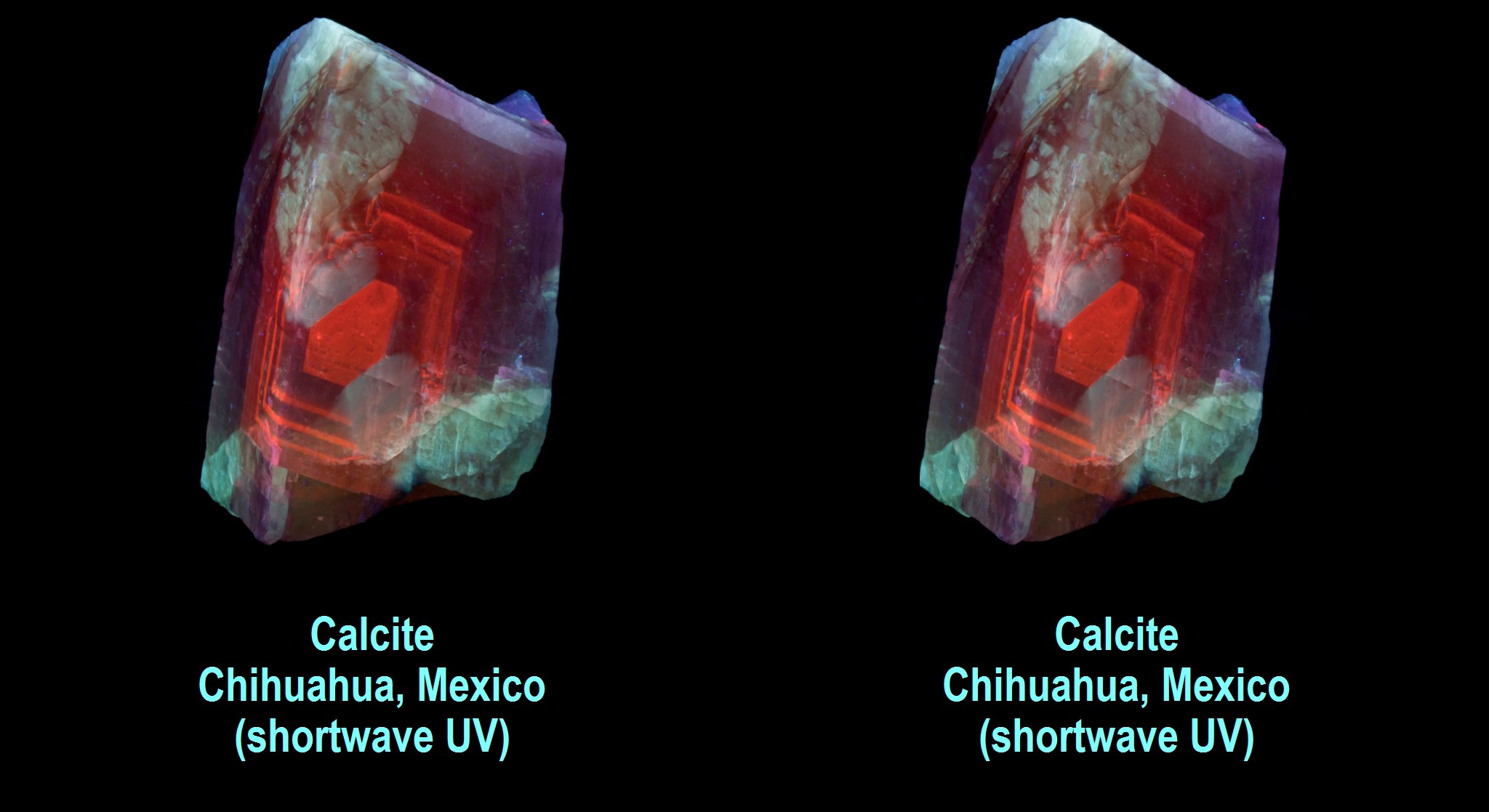 Calcite - Chihuahua, Mexico (shortwave UV) - Pattern is only visible under shortwave ultraviolet light