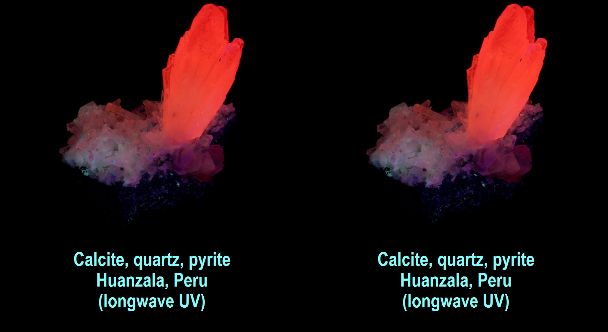 Calcite, quartz, pyrite - Huanzala, Peru - calcite fluorescent red under UV