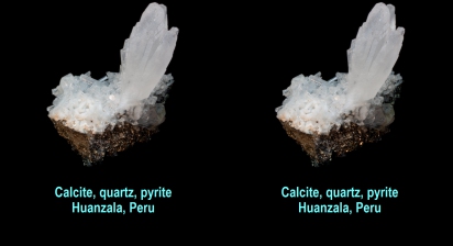 Calcite, quartz, pyrite - Huanzala, Peru - calcite fluorescent red