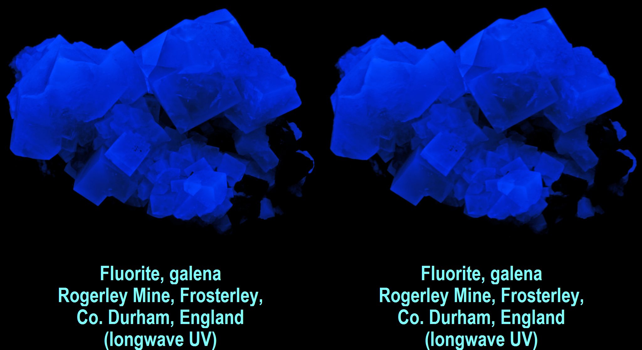 Fluorite, galena - Rogerley Mine, Frosterley, Co. Durham, England (longwave UV)