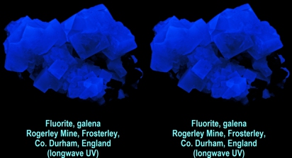 Fluorite, galena - Rogerley Mine, Frosterley, Co. Durham, England - fluorite fluorescent blue (longwave UV)