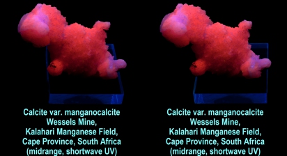 Calcite var. manganocalcite, Wessels Mine, Kalahari Manganese Field, Cape Prov., South Africa (midrange, shortwave UV)