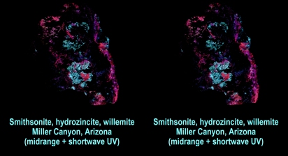 Smithsonite, hydrozincite, willemite, Miller Canyon, Arizona (midrange + shortwave UV)