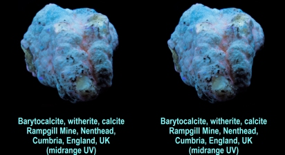 Barytocalcite, witherite, calcite, Rampgill Mine, Nenthead, Alston Moor District, North Pennines, North and Western Region (Cumberland), Cumbria, England, UK (midrange UV)