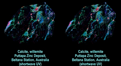 Calcite, willemite, Puttapa Zinc Deposit, Beltana Station, Australia (shortwave UV)