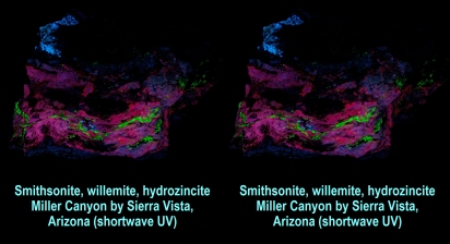 Smithsonite, willemite, hydrozincite, Miller Canyon by Sierra Vista, Arizona(shortwave UV)