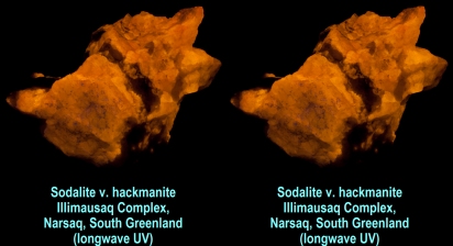 Sodalite v. hackmanite Illimausaq Complex, Narsaq, South Greenland(longwave UV)