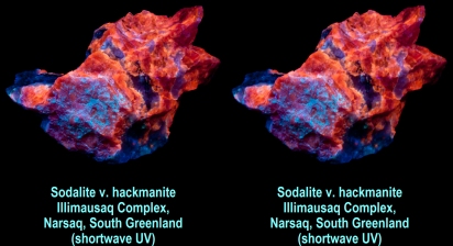 Sodalite v. hackmanite Illimausaq Complex, Narsaq, South Greenland(shortwave UV)