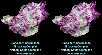 Sodalite v. hackmanite Illimausaq Complex, Narsaq, South Greenland(tenebrescence after UV exposure)