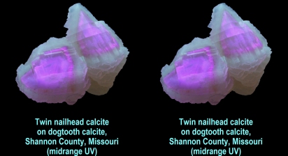 Twin nailhead calcite on dogtooth calcite, Shannon County, Missouri(midrange UV)