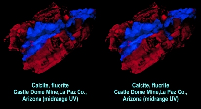 Calcite, fluorite, Castle Dome Mine, La Paz Co., Arizona (midrange UV)
