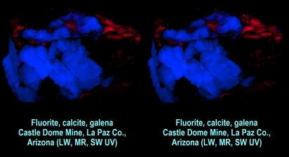 Fluorite, calcite, galena, Castle Dome Mine, La Paz Co., Arizona (LW, MR, SW UV)