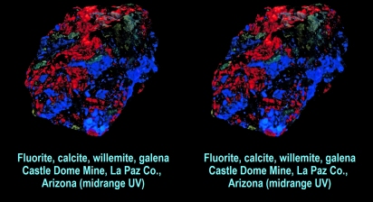 Fluorite, calcite, willemite, galena, Castle Dome Mine, La Paz Co., Arizona (midrange UV)