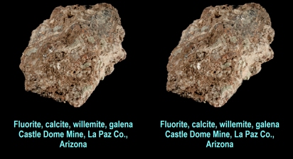 Fluorite, calcite, willemite, galena, Castle Dome Mine, La Paz Co., Arizona