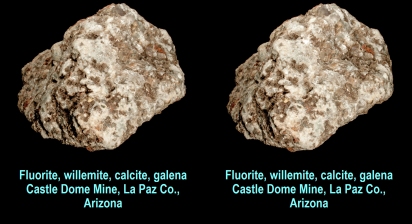 Fluorite, willemite, calcite, galena, Castle Dome Mine, La Paz Co., Arizona