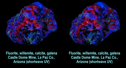 Fluorite, willemite, calcite, galena, Castle Dome Mine, La Paz Co., Arizona (shortwave UV)