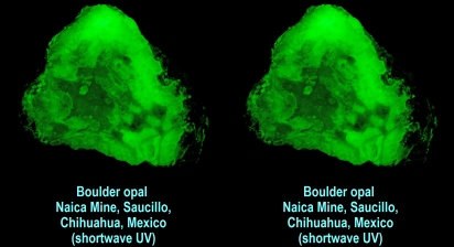 Boulder opal - Naica Mine, Saucillo, Chihuahua, Mexico (shortwave UV)