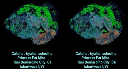 Caliche (Orange), Hyalite Opal (Green), Scheelite (White) - Princess Pat Mine, San Bernardino City, CA (shortwave UV)