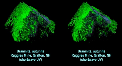 Uraninite, autunite - Ruggles Mine, Grafton, NH (shortwave UV)