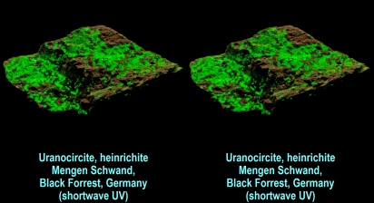 Uranocircite, heinrichite - Mengen Schwand, Black Forrest, Germany (shortwave UV)