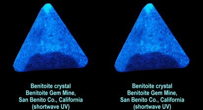 Benitoite crystal - Benitoite Gem Mine, San Benito Co., California (shortwave UV)
