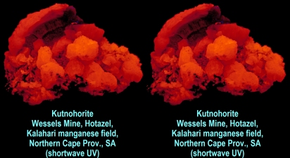 Kutnohorite - Wessels Mine, Hotazel, Kalahari manganese field, Northern Cape Province, South Africa (shortwave UV)