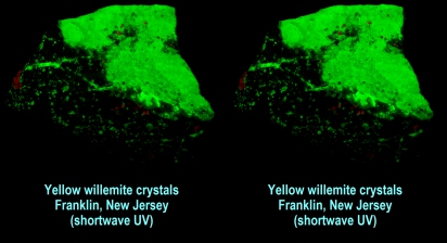 Yellow willemite crystals - Franklin, NJ (shortwave UV)