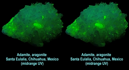 Adamite, aragonite - Santa Eulalia, Chihuahua, Mexico (midrange UV)