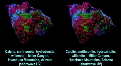 Calcite, smithsonite, hydrozincite, willemite - Miller Canyon, Huachuca Mountains, Arizona (shortwave UV)