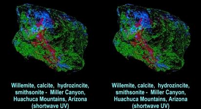Willemite, calcite, hydrozincite, smithsonite - Miller Canyon, Huachuca Mountains, Arizona (shortwave UV)