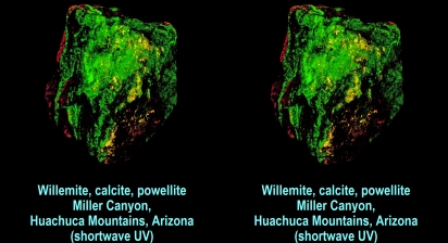 Willemite, calcite, powellite - Miller Canyon, Huachuca Mountains, Arizona (shortwave UV)