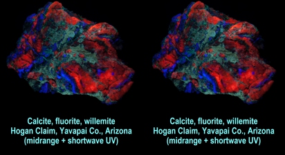 Calcite, fluorite, willemite - Hogan Claim, Yavapai Co., Arizona (midrange + shortwave UV)
