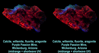 Calcite, willemite, fluorite, aragonite - Purple Passion Mine, Wickenburg, Arizona (midrange + shortwave UV)