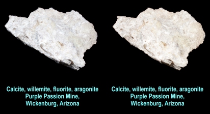 Calcite, willemite, fluorite, aragonite - Purple Passion Mine, Wickenburg, Arizona