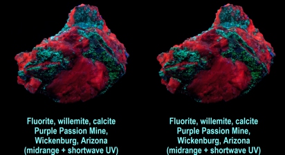 Fluorite, willemite, calcite - Purple Passion Mine, Wickenburg, Arizona (midrange + shortwave UV)