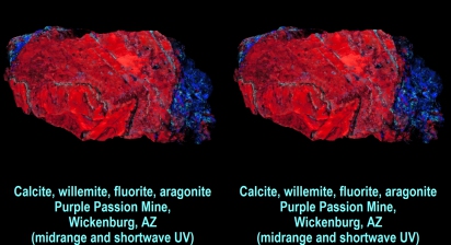 Calcite, willemite, fluorite, aragonite - Purple Passion Mine, Wickenburg, AZ (midrange + shortwave UV)
