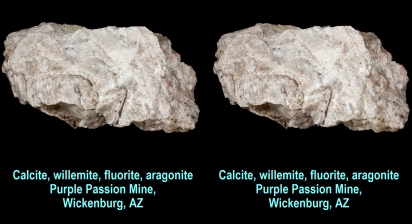 Calcite, willemite, fluorite, aragonite - Purple Passion Mine, Wickenburg, AZ