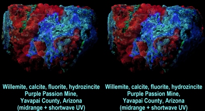 Willemite, calcite, fluorite, hydrozincite - Purple Passion Mine, Yavapai County, Arizona (midrange + shortwave UV)