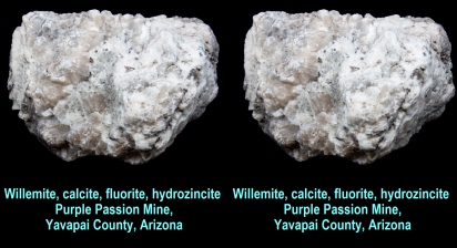 Willemite, calcite, fluorite, hydrozincite, Purple Passion Mine, Yavapai County, Arizona