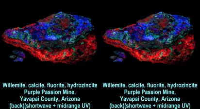 Willemite, calcite, fluorite, hydrozincite - Purple Passion Mine, Yavapai County, Arizona (back)(shortwave + midrange UV)