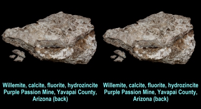 Willemite, calcite, fluorite, hydrozincite - Purple Passion Mine, Yavapai County, Arizona (back)