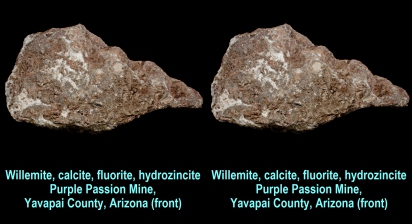 Willemite, calcite, fluorite, hydrozincite - Purple Passion Mine, Yavapai County, Arizona (front)