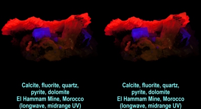 Calcite, fluorite, quartz, pyrite, dolomite - El Hammam Mine, Morocco (longwave, midrange UV)