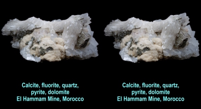 Calcite, fluorite, quartz, pyrite, dolomite - El Hammam Mine, Morocco