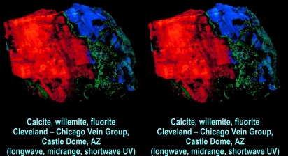 Calcite, willemite, fluorite - Cleveland - Chicago Vein Group, Castle Dome, AZ (longwave, midrange, shortwave UV)
