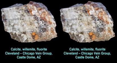 Calcite, willemite, fluorite - Cleveland - Chicago Vein Group, Castle Dome, AZ
